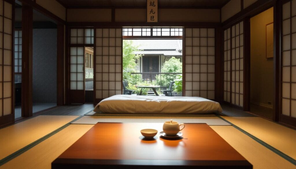 Affordable Japanese accommodation: a cozy ryokan nestled amidst traditional architecture, with tatami mats, shoji screens, and a serene garden view. Soft, diffused lighting casts a warm glow, creating an atmosphere of tranquility. In the foreground, a low table with a simple, yet elegant tea set invites guests to relax and savor the moment. The middle ground features a minimalist yet comfortable futon, while the background showcases the ryokan's distinctive architecture, hinting at the rich cultural heritage of Japan. This scene embodies the essence of budget-friendly, authentic Japanese living, perfect for those seeking a hassle-free relocation experience.