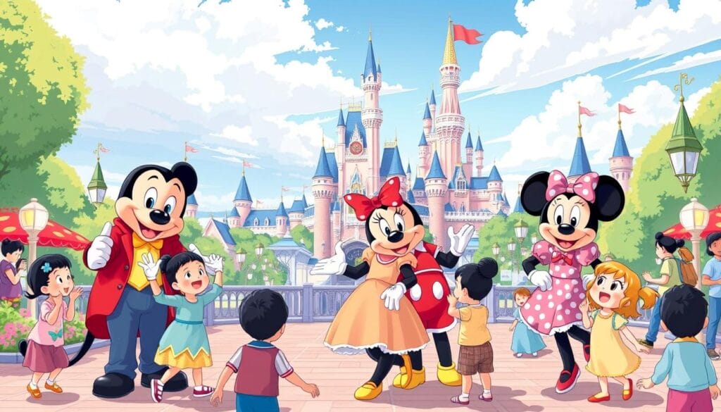 Gambar Tokyo Disney Resort dengan karakter Disney dan anak-anak yang bahagia