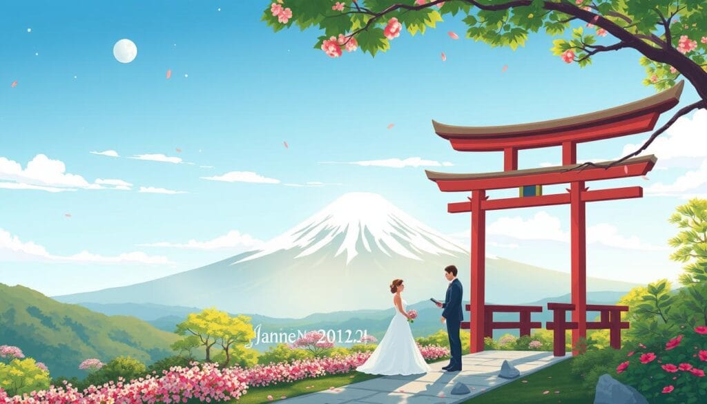 Gambar destinasi pernikahan di Jepang dengan latar belakang Gunung Fuji