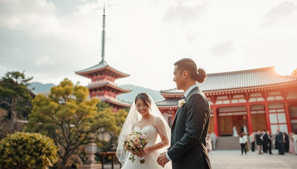 Gambar pernikahan di Jepang dengan latar belakang kuil tradisional